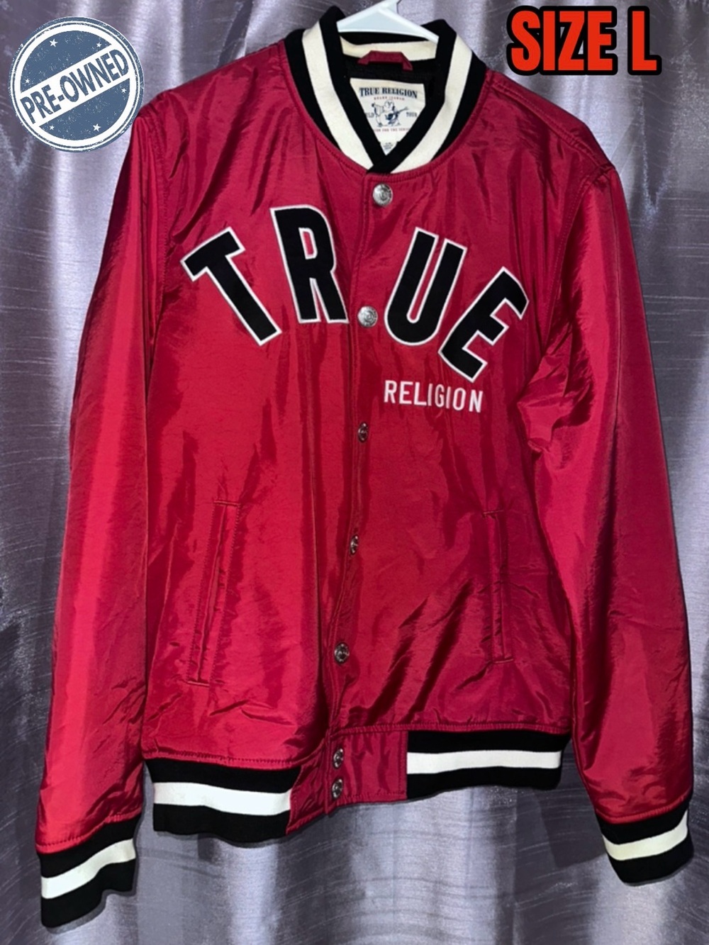 Vintage True Religion Varsity Jacket Size Large Red Varsity Rare Great logo